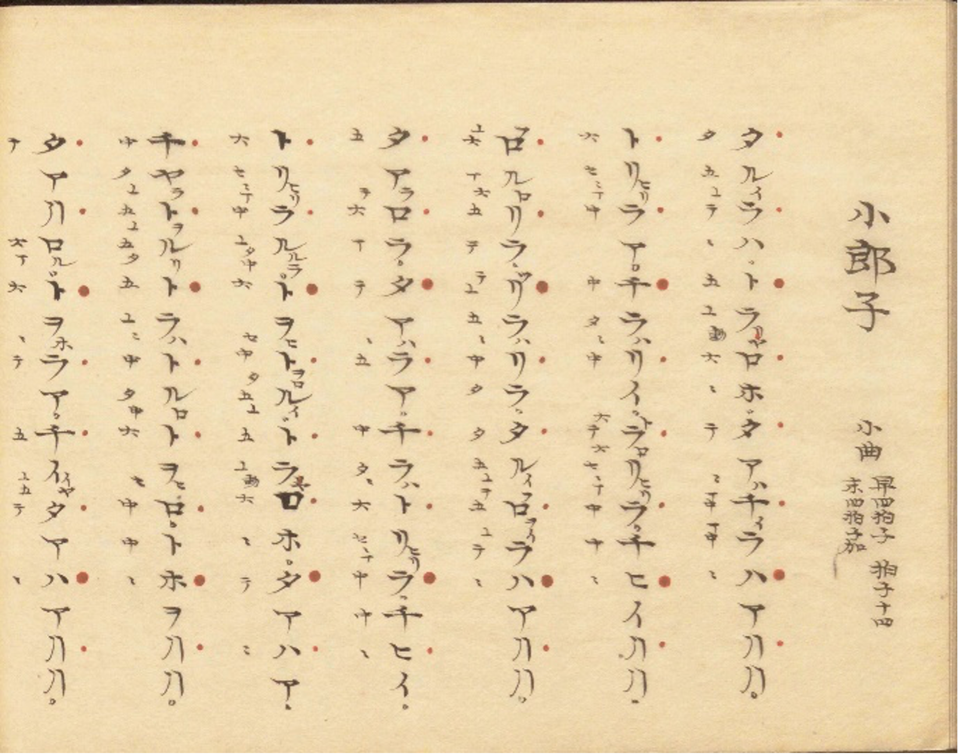 Fig. 1: Examples of Gagaku Score for Shō (Available at https://kokusho.nijl.ac.jp/biblio/100376839/717)