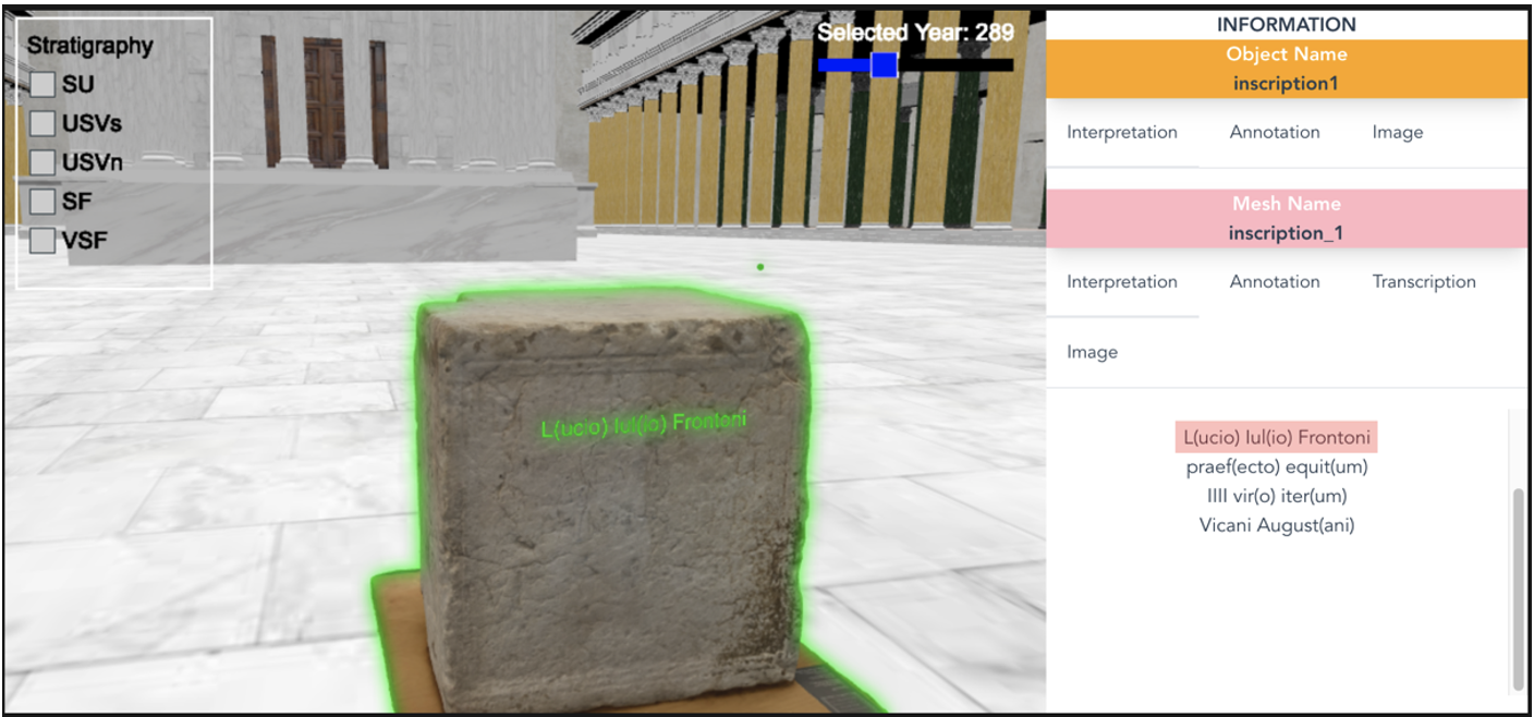 Fig. 3: A 3D viewer displaying the text encoded in TEI/XML, Transcription cited from I.L.N.