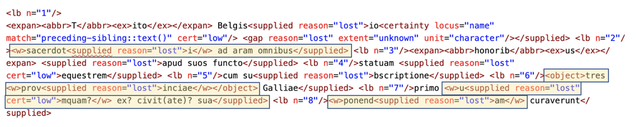 Fig. 3: Examples of overlapping problem (original TEI/XML data from: <https://edh.ub.uni-heidelberg.de/edh/inschrift/HD000650>)